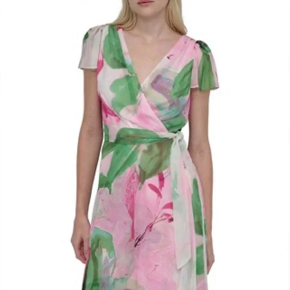 NWT DKNY Floral Print V-Neck Wrap Dress - Picture 3 of 5